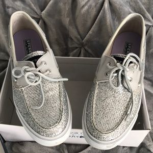 Ladies Sperry Top Siders in silver glitter!
